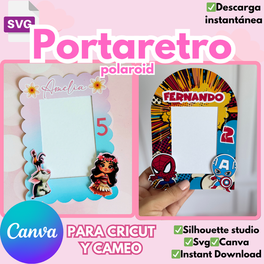 Plantilla editable para portaretrato polaroid version mini, formato SVG, Silhouette studio y Canva, personalizable, ideal para regalo