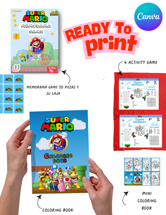 Kit Juegos y actividades de fiesta, Mario Bross Coloring book y mini, Memorama y caja, 4 manteles de activitades para colorear