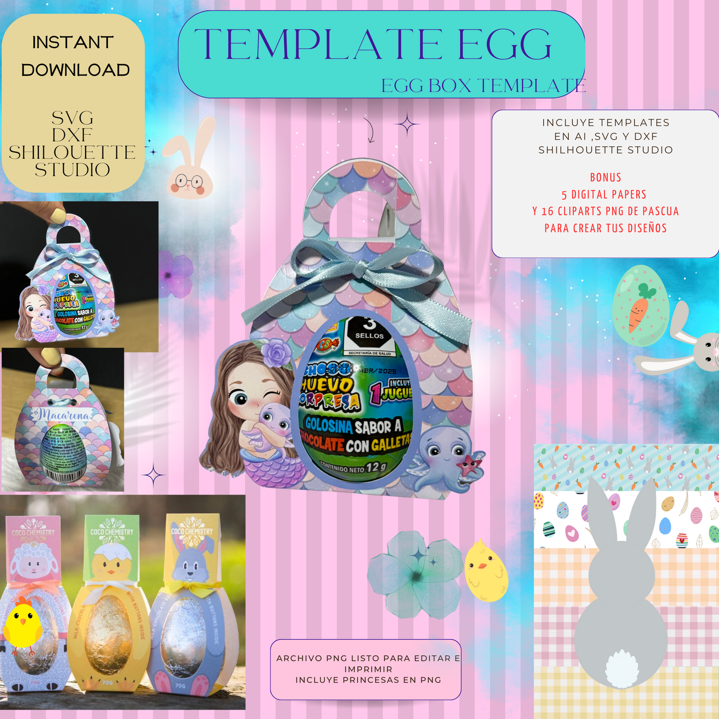 Kinder Egg Box svg,ai y dxf silhouette studio, plantilla en blanco lista para crear tu diseño, incluye 5 digitalpapers y 16cliparts d Pascua